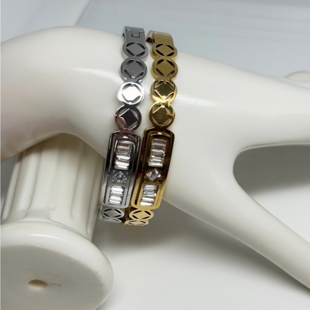 1 YGold and 1 Silver Crisscross Baguette Stone Bangle Set - Women Jewelry